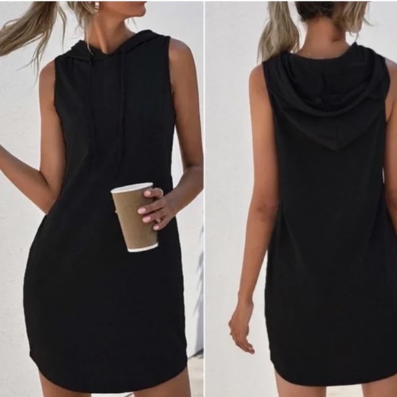 Casual navy blue sleeveless hoodie dress - Picture 3 of 12